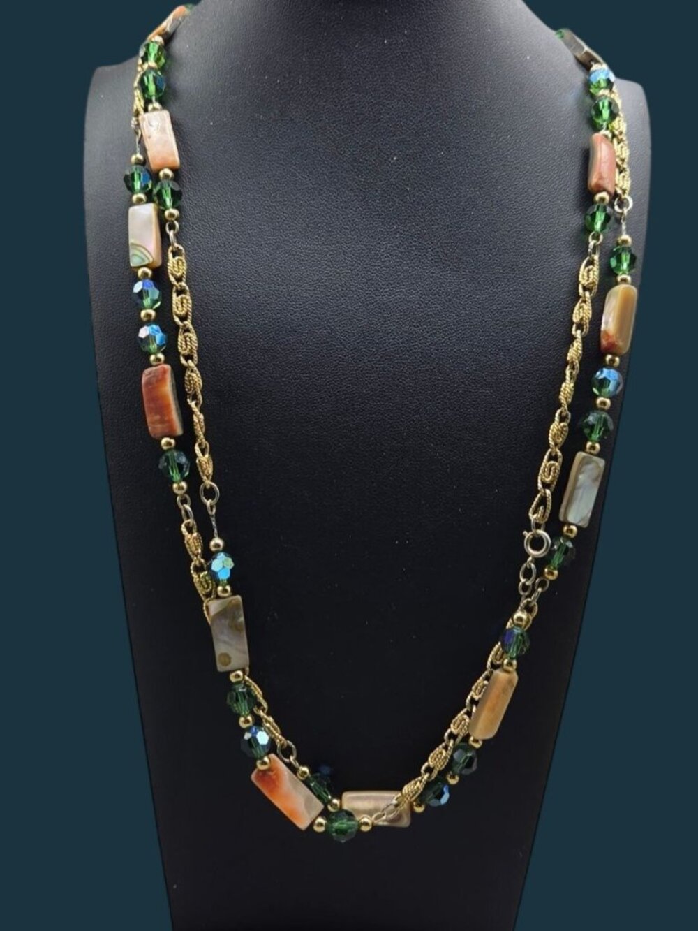Vintage Signed NAPIER 64” Abalone & Green AB Crystal Sautoir Necklace Book Piece